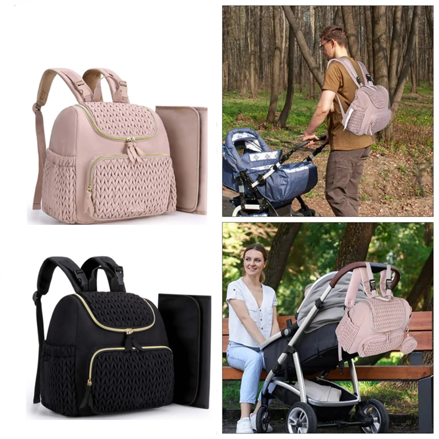 Diaper Bag Backpack - Große Wickeltasche mit Strickmuster, Wickelunterlage und